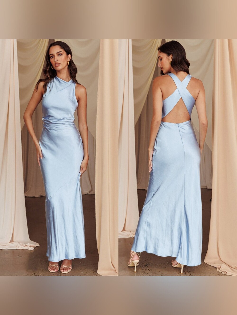 Selfie Leslie Moonlight Mirage Criss-Cross Back Maxi Blue Dress S Wedding Prom
